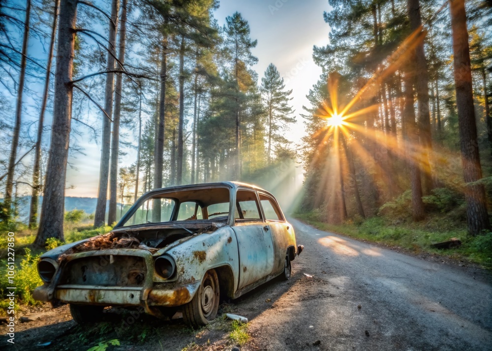 Naklejka premium Rusting Car Wreck in a Lush Forest at Golden Hour - Minimalist Photography of Nature and Abandonment