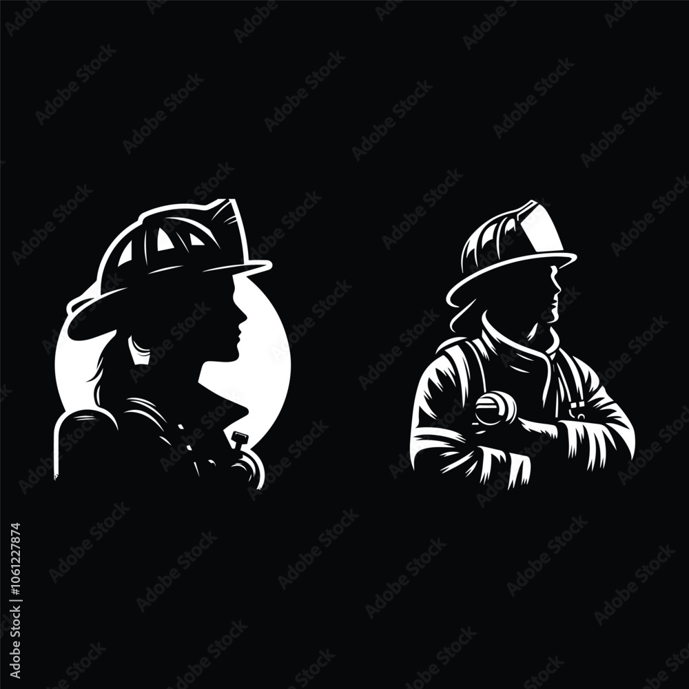 Fototapeta premium Wearing firefighter uniform silhouette. Black and white firefighter vector on white background.