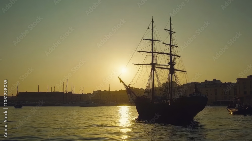 Historic Ship Silhouetted Against Sunset Horizon Historic Ship Silhouetted Against Sunset Horizon