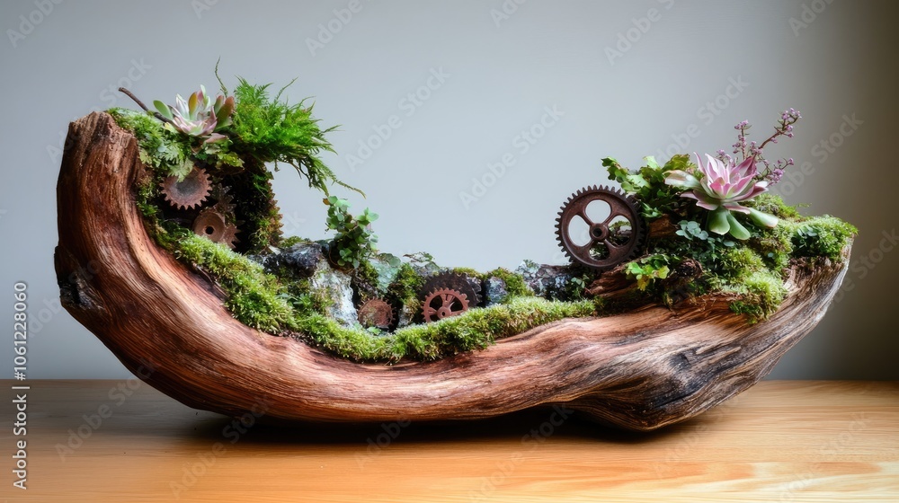 Unique Rustic Planter with Greenery and Gears Unique Rustic Planter with Greenery and Gears