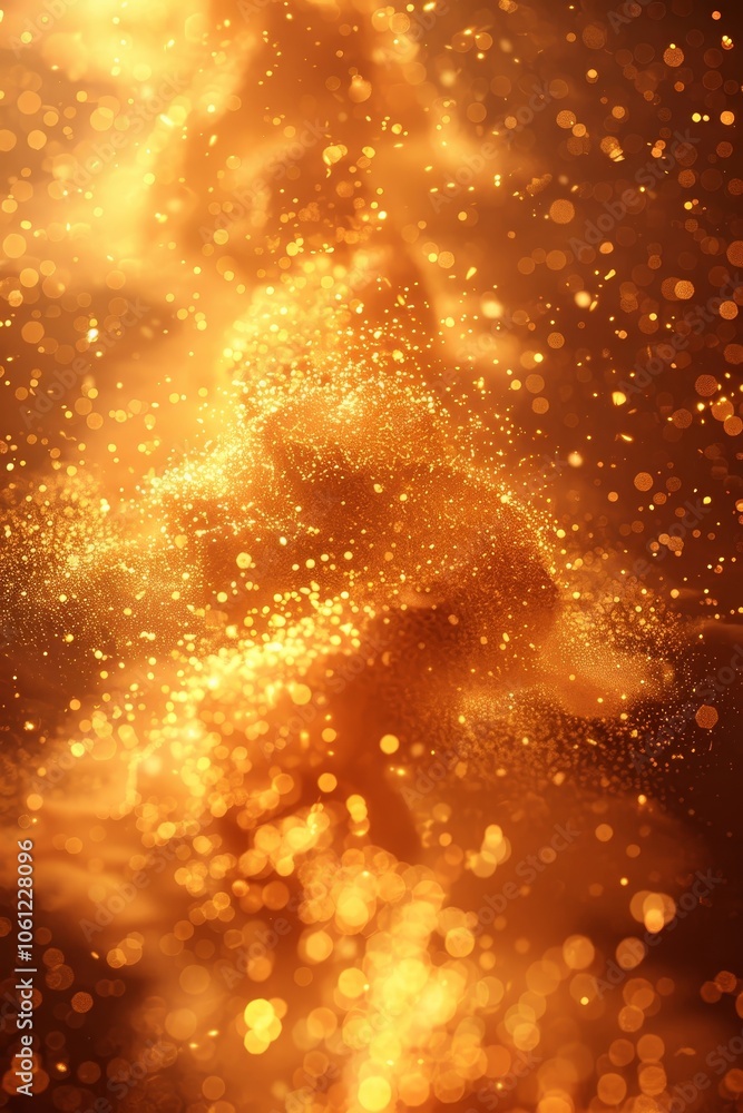 Obraz premium A cascade of golden particles glimmers and swirls in warm light, creating a mesmerizing effect against a dark backdrop, evoking a sense of warmth and wonder in the atmosphere.