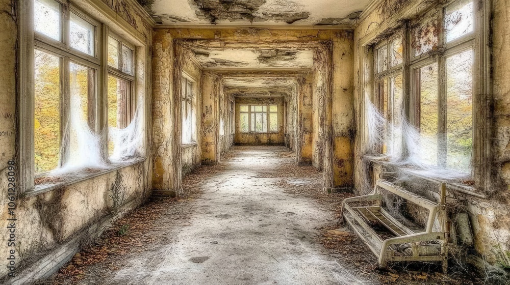 Abandoned corridor with cobwebs and peeling walls Abandoned corridor with cobwebs and peeling walls