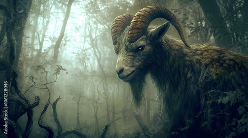 Mysterious horned figure with goat-like features and fur, standing in a eerie misty forest, surrounded by twisted. Forest Satyr. Illustration photo