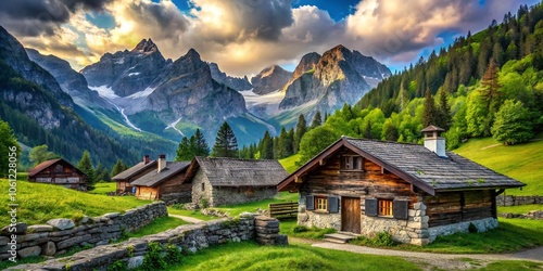 Wallpaper Mural Scenic Landscape of Old Stone Chalets Nestled Among Majestic Mountains, Capturing Rustic Charm and Natural Beauty in a Serene Alpine Setting Torontodigital.ca