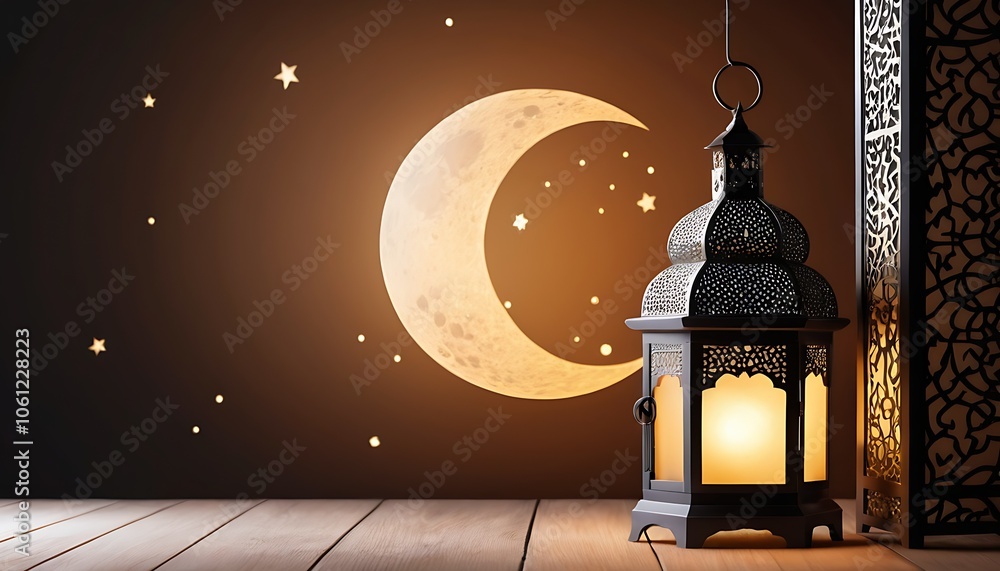 Ramadan kareem celebration. Lantern with half moon, Islamic concept. Suitable for marketing or business purposes. Panoramic banner with place for text Ramadan kareem celebration. Lantern with half moon, Islamic concept. Suitable for marketing or business purposes. Panoramic banner with place for text