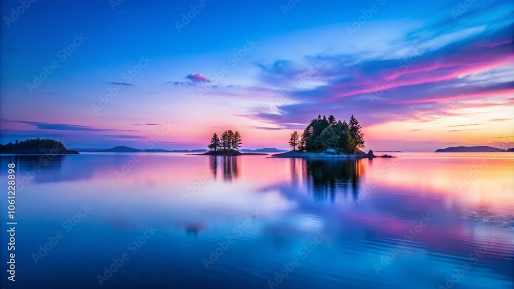 Serene Dawn at an Empty Bay with Silhouettes of Islands and Gentle Lake Waves Serene Dawn at an Empty Bay with Silhouettes of Islands and Gentle Lake Waves