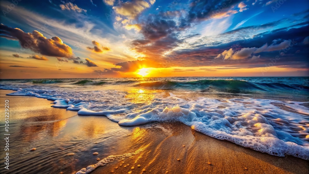 Fototapeta premium Serene Ocean Breaks on Shore at Sunset – Tranquil Waves, Coastal Beauty, Natural Scenery, Relaxing Seascape, Scenic Beach Views, Ocean Horizon, Peaceful Shoreline, Nature's Calm, Scenic Coastline