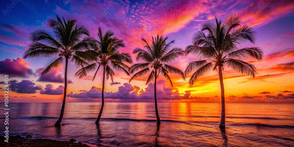 Serene Sunset Over Ocean with Four Palm Trees Silhouetted Against a Colorful Sky – Tropical Paradise Landscape Photography Serene Sunset Over Ocean with Four Palm Trees Silhouetted Against a Colorful Sky – Tropical Paradise Landscape Photography