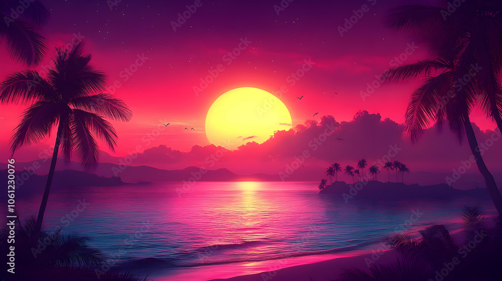 Pink Sunset Beach Illustration Pink Sunset Beach Illustration