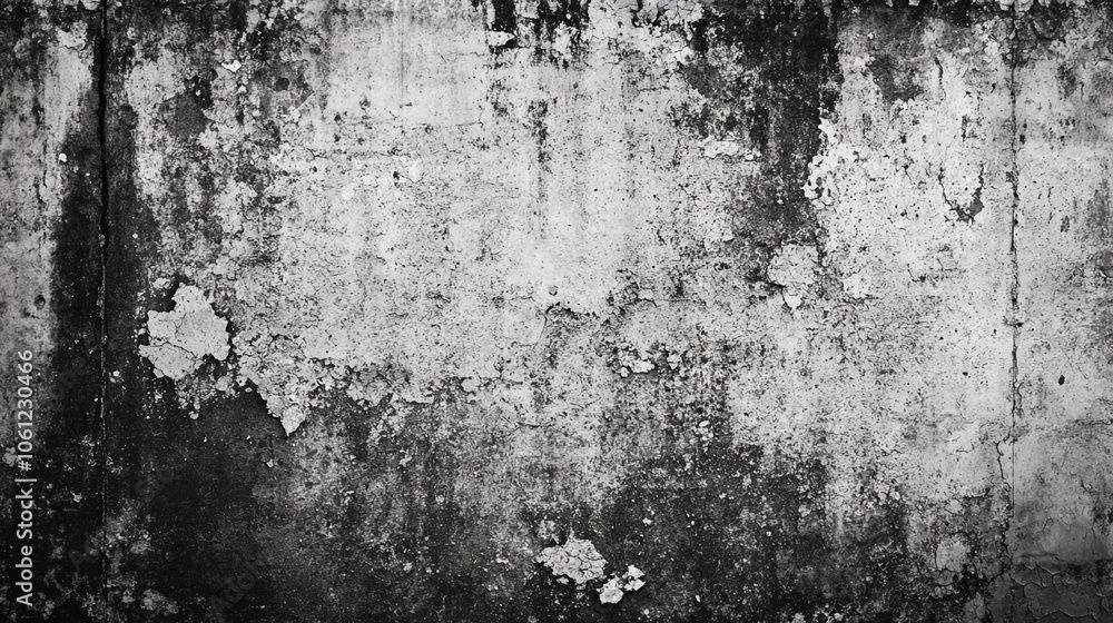 Grunge textured wall with peeling paint in black and white showing age and weathered appearance Grunge textured wall with peeling paint in black and white showing age and weathered appearance