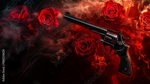 Fototapeta Naklejka Na Ścianę i Meble -  A black revolver with red roses surrounded by smoke.