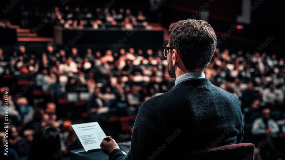Public Speaker Addressing a Large Audience in a Dimly Lit Auditorium Public Speaker Addressing a Large Audience in a Dimly Lit Auditorium