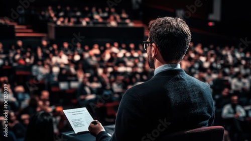 Public Speaker Addressing a Large Audience in a Dimly Lit Auditorium