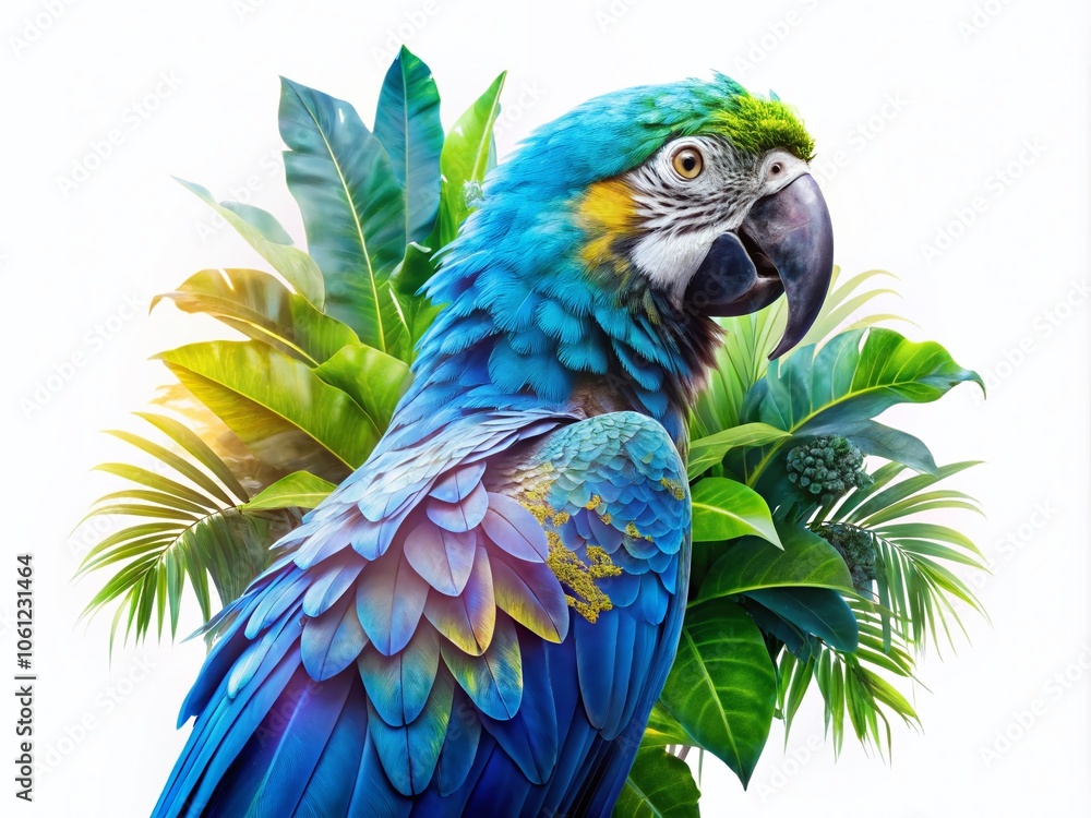 Obraz premium Stunning Double Exposure of a Blue Parrot on Transparent Background, Ideal for Nature Lovers and Wildlife Enthusiasts, Perfect for Home Decor, Digital Art, and Educational Purposes