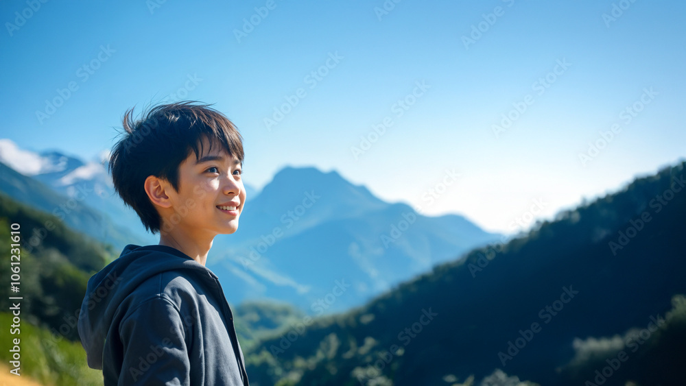 A young asian boy with short black hair looking out at a scenic mountain landscape with a clear blue sky in the background A young asian boy with short black hair looking out at a scenic mountain landscape with a clear blue sky in the background