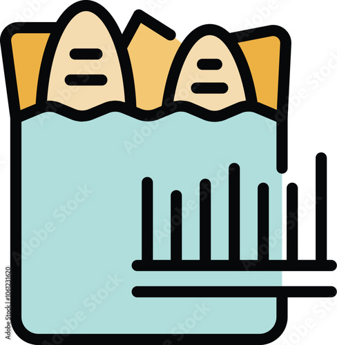 Simple food waste icon with bread thrown in trash bin and bar graph showing increase