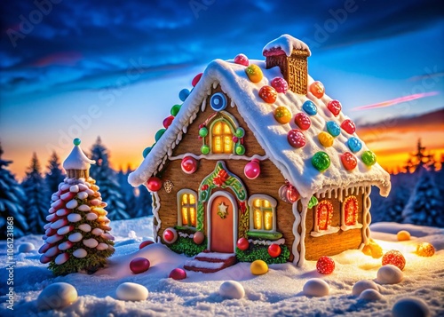 Stunning Gingerbread House Decorated with Icing Surrounded by Snowy Landscape - Perfect for Holiday Themes and Festive Celebrations