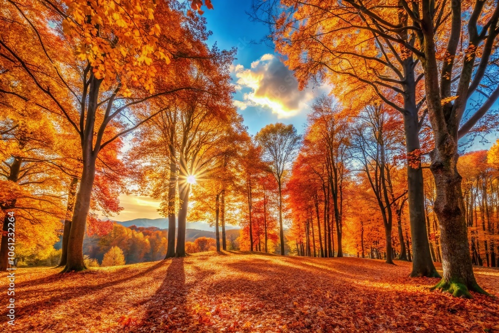 Fototapeta premium Stunning Panoramic Autumn Landscape with Vibrant Fall Tree Leaves, Rich Colors, and Golden Sunlight in a Serene Natural Setting for Seasonal Photography Enthusiasts