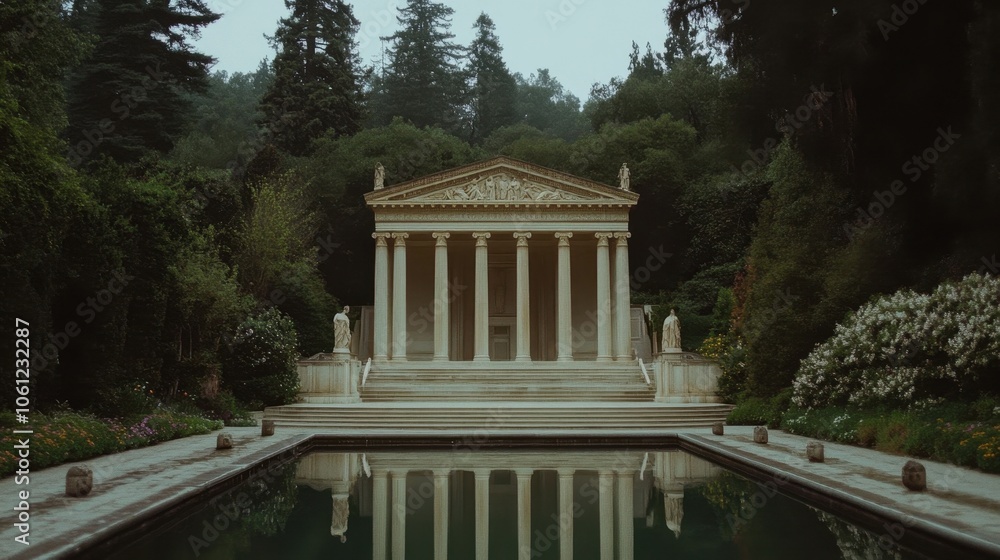 Serene Marble Temple Reflected in Tranquil Pool Serene Marble Temple Reflected in Tranquil Pool