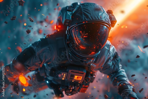 An astronaut floating through space, surrounded by vibrant colors and debris, showcasing the vastness of the universe.