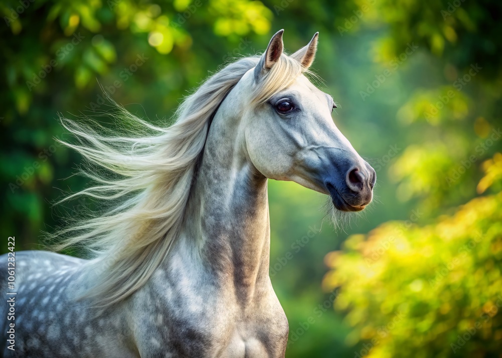 Stunning Portrait of a Beautiful Grey Dapple Arabian Mare in High Depth of Field, Capturing Grace and Elegance in Natural Light with Lush Green Background Stunning Portrait of a Beautiful Grey Dapple Arabian Mare in High Depth of Field, Capturing Grace and Elegance in Natural Light with Lush Green Background