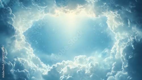Clouds border soft glowing edges airy blue backdrop empty space serene. AI generated