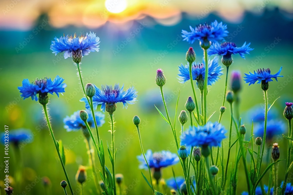 Fototapeta premium Stunning Silhouette of Blue Wildflowers Against Lush Green Field - Nature Photography, Floral Beauty, Scenic Landscape, Wildflower Season, Vibrant Colors, Outdoor Serenity, Tranquil Views