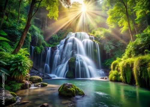 Stunning Tropical Waterfall in Lush Forest with Vibrant Sunlight Shining Through the Canopy - Nature Photography of Cascading Water in a Serene Environment