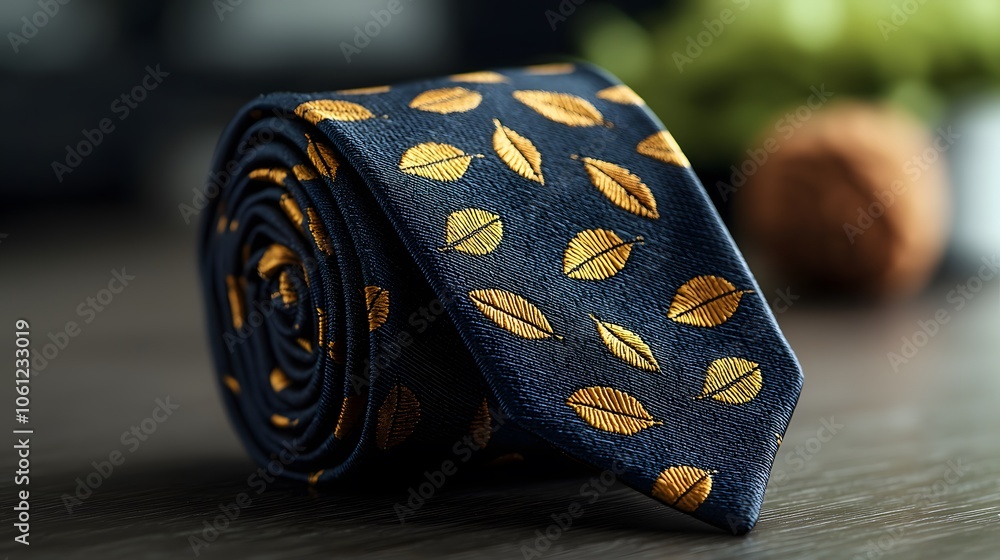 Stylishly Wrapped Tie Featuring Golden Leaves on Deep Blue Fabric for a Festive Thanksgiving Look. Thanksgiving Tie Concept Stylishly Wrapped Tie Featuring Golden Leaves on Deep Blue Fabric for a Festive Thanksgiving Look. Thanksgiving Tie Concept