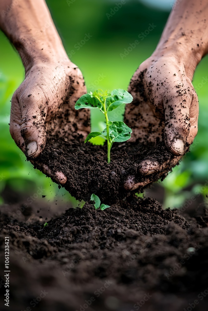 A person is planting a seedling in the dirt A person is planting a seedling in the dirt