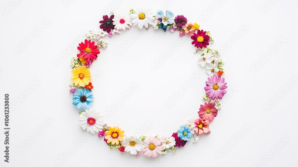 Delicate frame adorned with small flowers set against a clean white background, perfect for adding personalized text or messages. This charming flat lay design captures the essence of nature Delicate frame adorned with small flowers set against a clean white background, perfect for adding personalized text or messages. This charming flat lay design captures the essence of nature