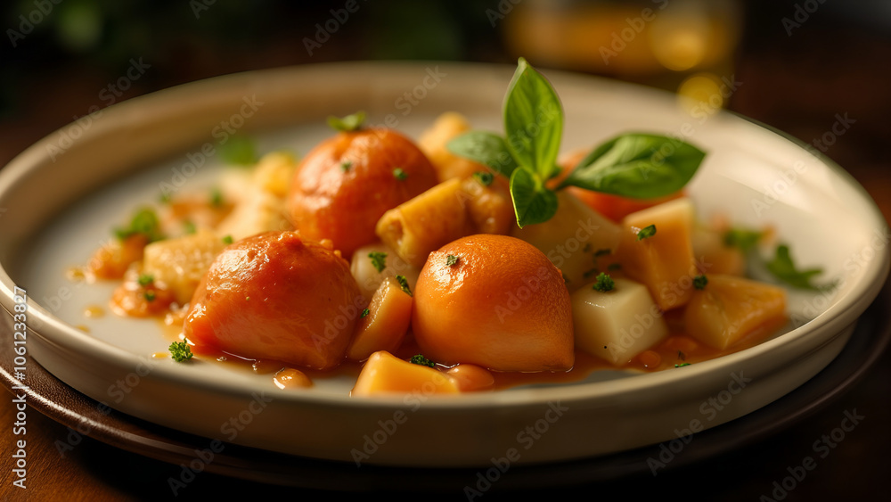 A Culinary Delight: Vibrant and Mouthwatering Plate of Food Arrangement in a Fine Dining Setting A Culinary Delight: Vibrant and Mouthwatering Plate of Food Arrangement in a Fine Dining Setting