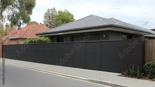Wallpaper Mural A modern house with a tall black fence along a quiet street. Torontodigital.ca