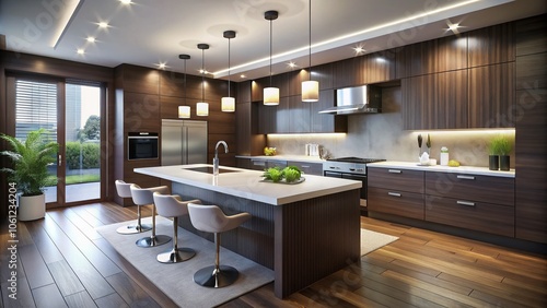 Surreal Modern Kitchen with White Counters and Dark Wood Cabinets Under Recessed Lighting