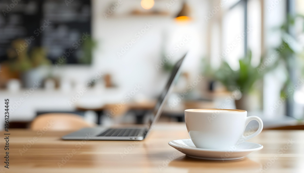 Work and Relaxation, Coffee and Laptop in a Calm Cafe, white mug Work and Relaxation, Coffee and Laptop in a Calm Cafe, white mug