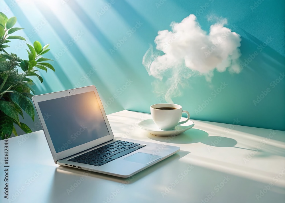 Fototapeta premium Surreal White Office Desk with Blank Notebook, Laptop, and Coffee Cup – Minimalist Workspace Inspiration for Creativity and Productivity