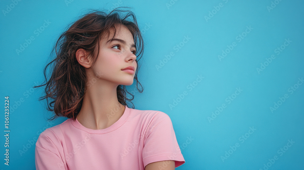 Fototapeta premium young woman in profile stands against vibrant blue background, showcasing her natural beauty and thoughtful expression. Her casual pink t shirt complements lively setting