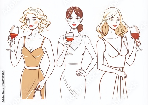 Trendy Minimalist Vector Illustrations of Female Figures Holding Wine Glasses in Stylish Poses for Modern Art and Design Projects