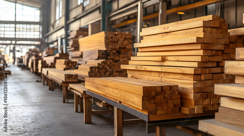 Wooden Lumber Stacked in Warehouse - Realistic Image Wooden Lumber Stacked in Warehouse - Realistic Image