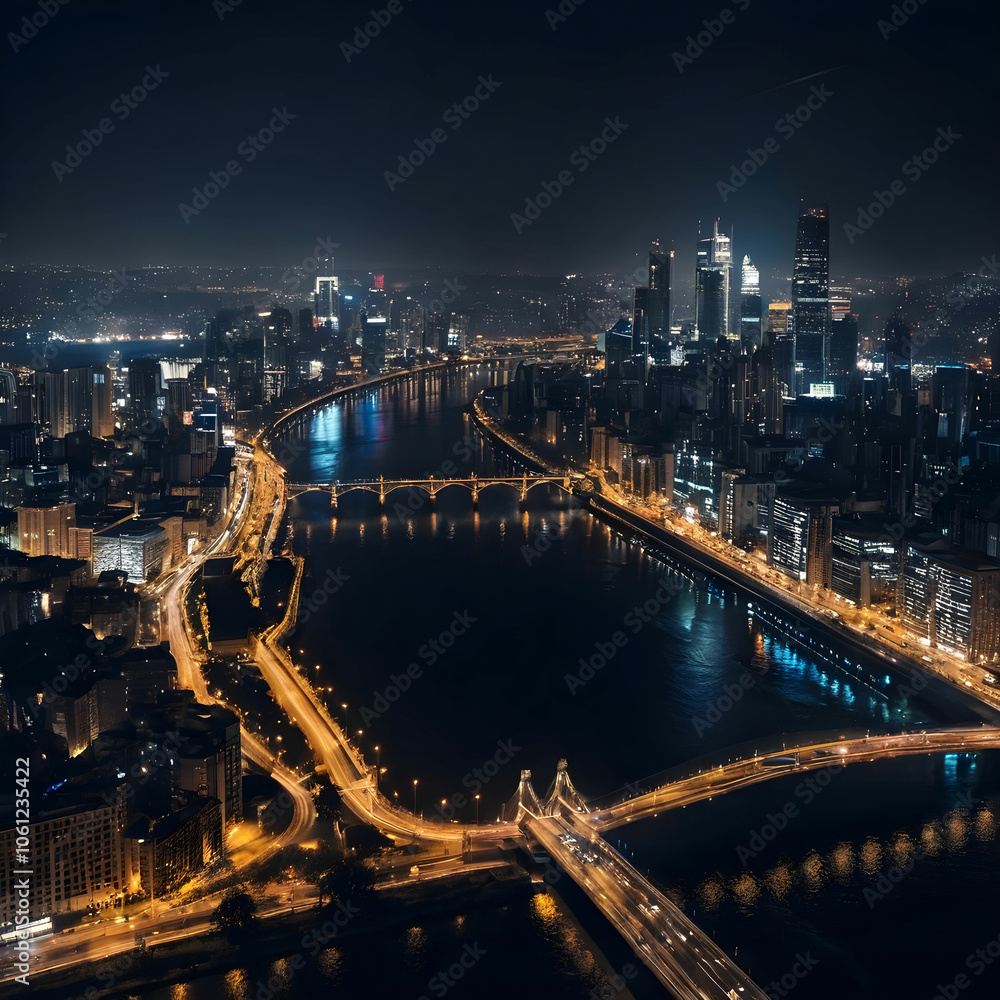 Fototapeta premium Beautiful shot of the city and the river at night