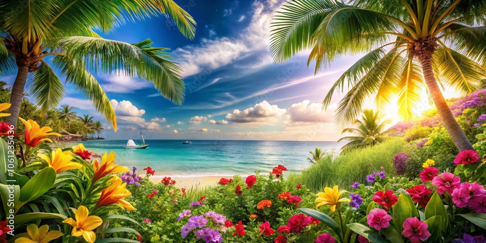 Fototapeta premium Tropical Summer Product Display with Lush Flowers, Greenery, and Palm Trees Against a Softened Coastal Background for Perfect Seasonal Promotions