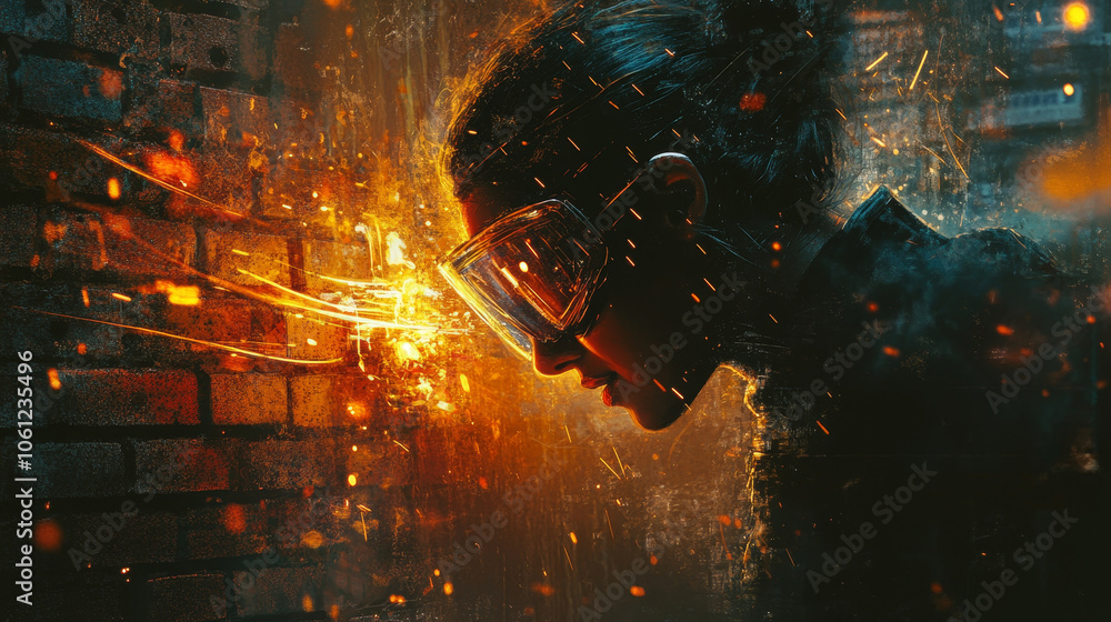Naklejka premium skilled worker wearing safety goggles focuses on arc welding, surrounded by sparks and bright light, showcasing dedication and precision in dynamic environment
