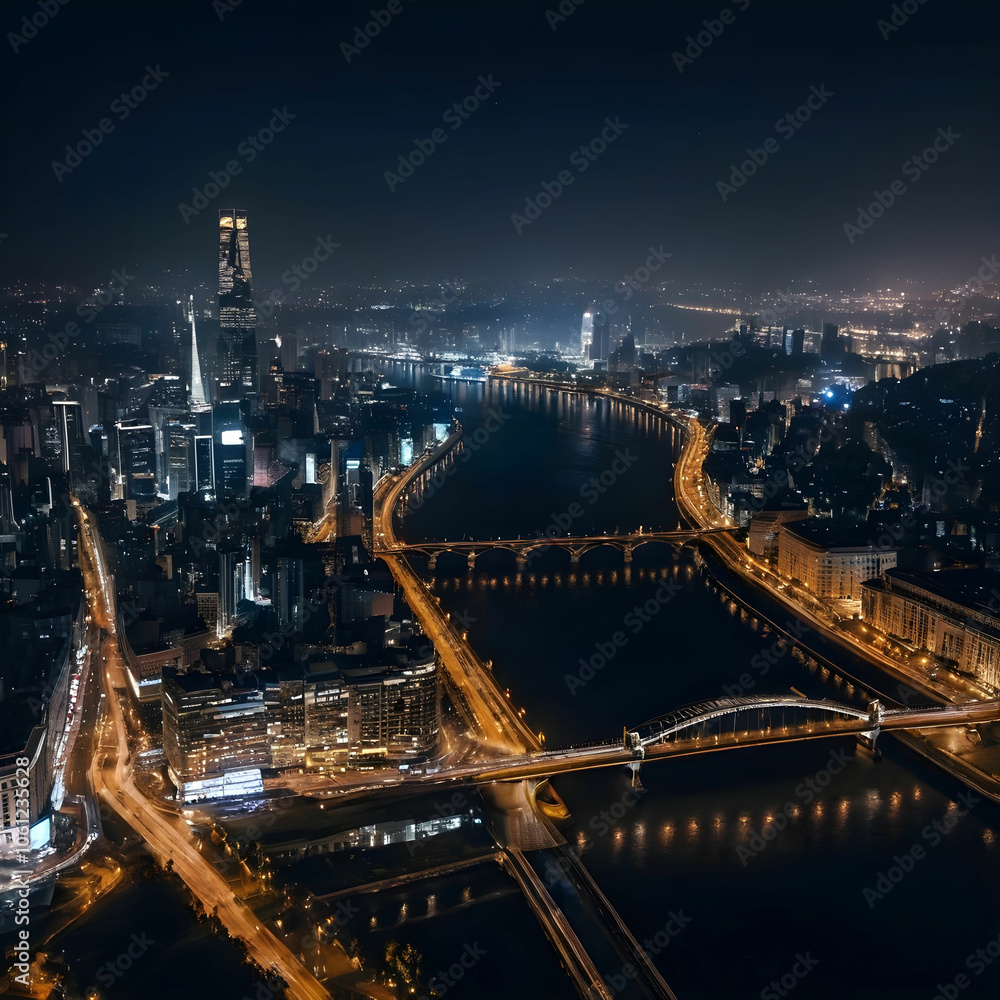 Beautiful shot of the city and the river at night Beautiful shot of the city and the river at night