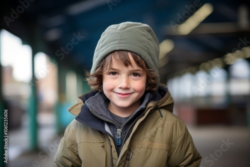 Portrait of a cute little boy at the train station in winter