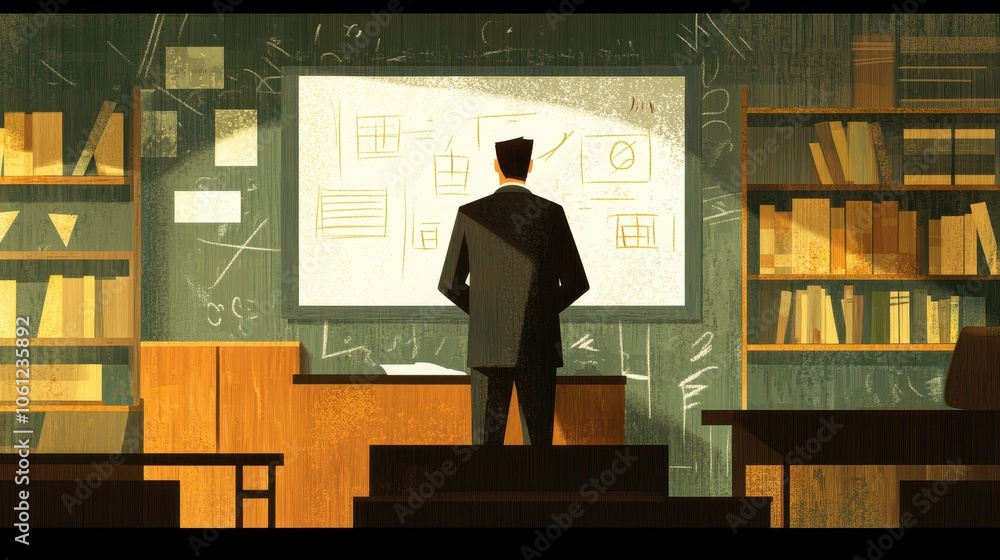 Teacher Presenting Lesson on Chalkboard in Classroom Teacher Presenting Lesson on Chalkboard in Classroom