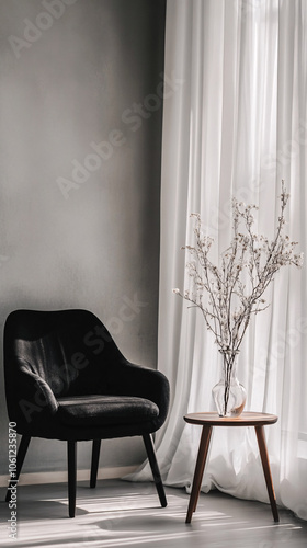 minimalist living room interior with black chair and white curtains