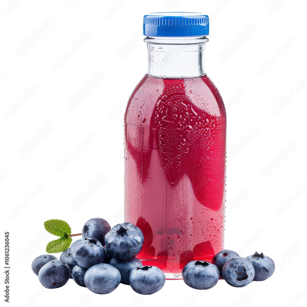 Berry drink in a glass bottle, surrounded by fresh blueberries. Berry drink in a glass bottle, surrounded by fresh blueberries.