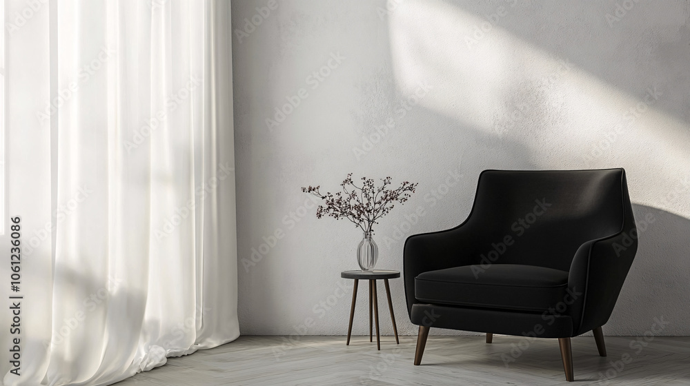 minimalist living room with black armchair and white curtain minimalist living room with black armchair and white curtain