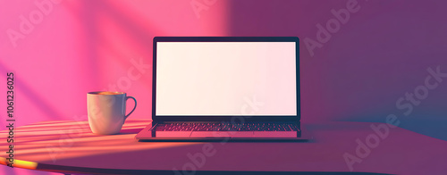 Wallpaper Mural Blank Screen on Laptop with Cup in Colorful Lighting Torontodigital.ca