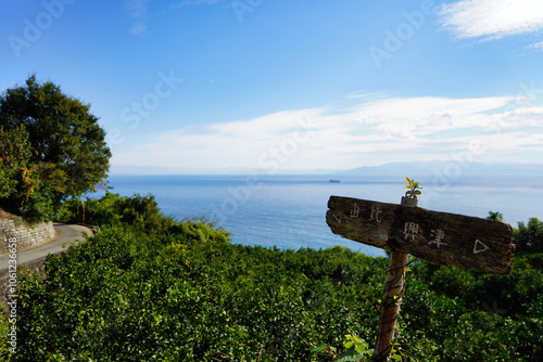 Obraz na płótnie 海沿いの道標と青空の風景 w salonie